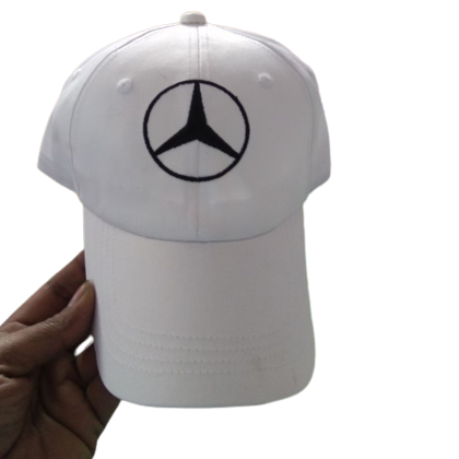 White cap with black mercedes logo